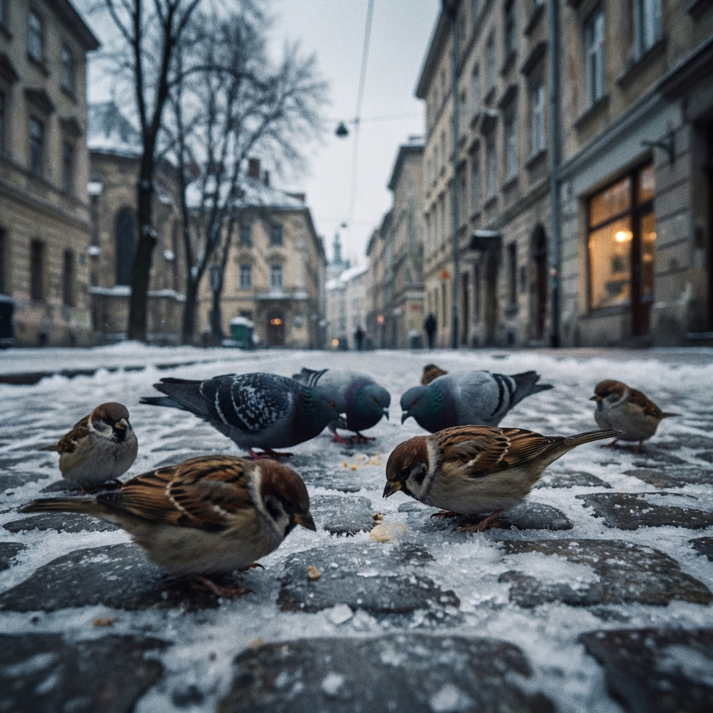 雪をつつく鳥たち